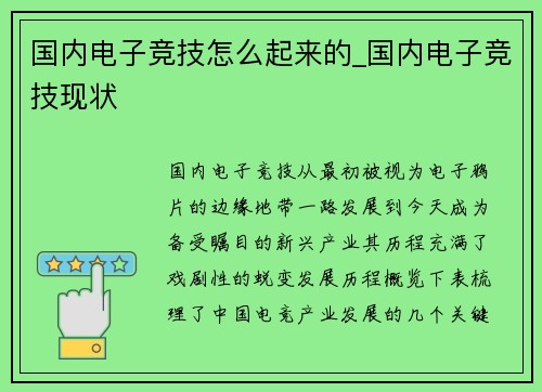 国内电子竞技怎么起来的_国内电子竞技现状